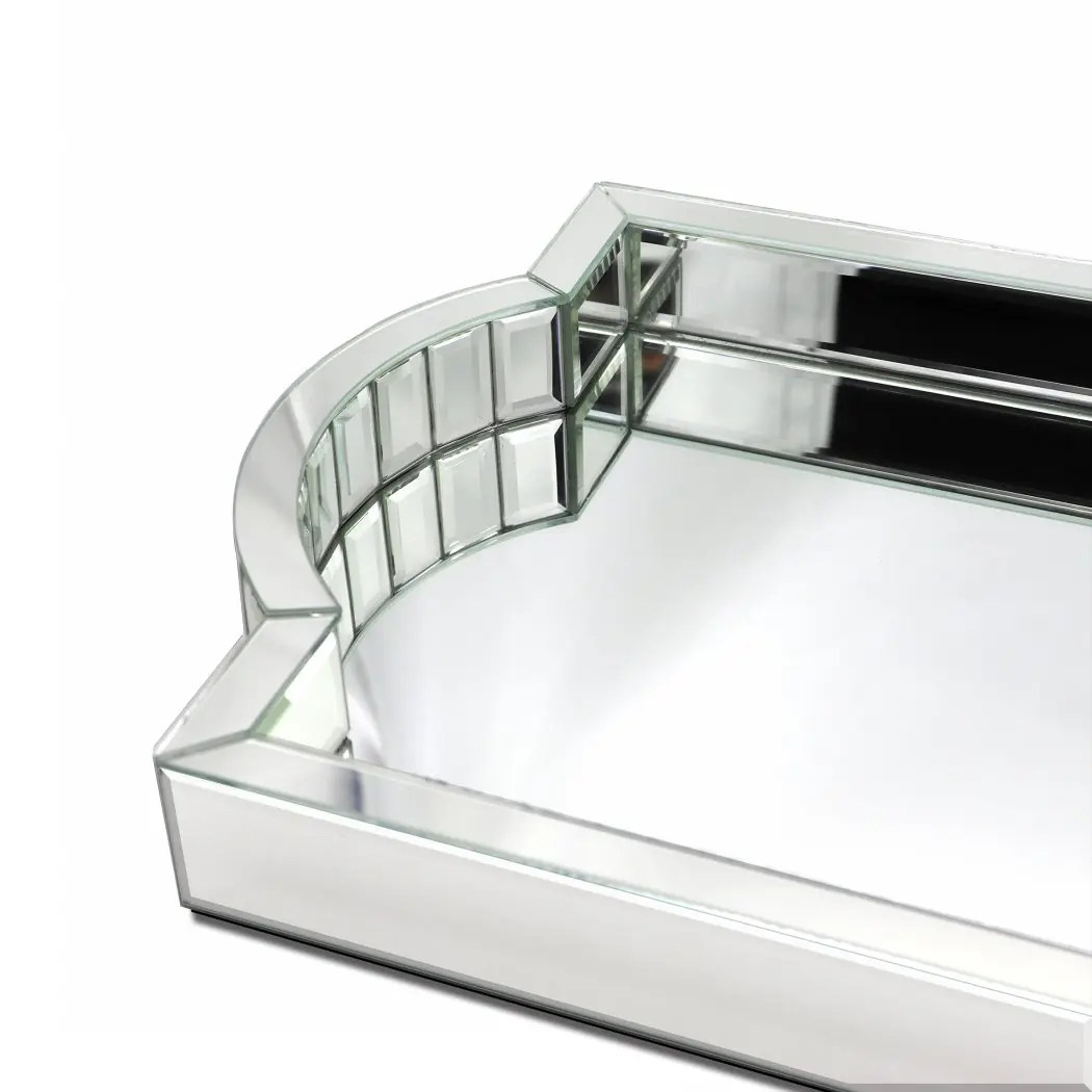 Silver Mirror Tray Bling Decorative Mirror Organizer Arc-Shaped Mosaic Mirror Handle Vanity Tray Coffee Table Serving