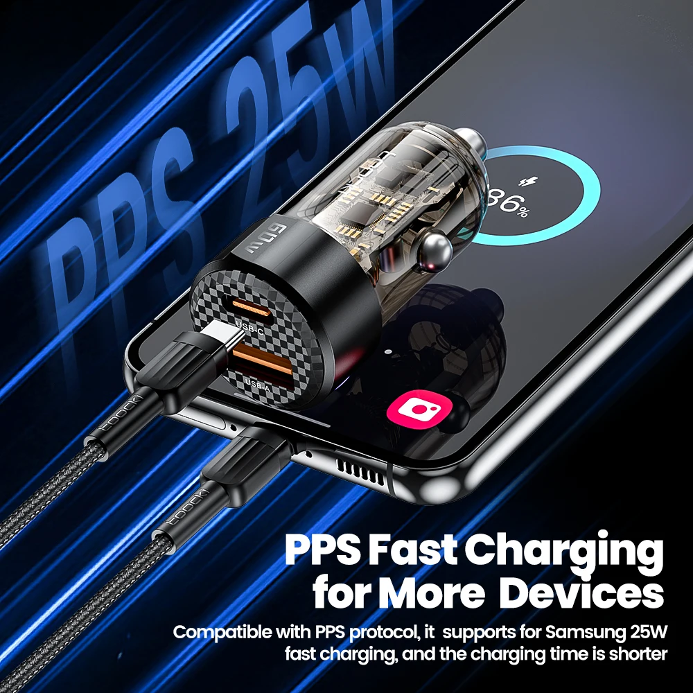 Toocki Топ продаж прозрачный дизайн 60 Вт двойной порт usb c + Автомобильное зарядное устройство