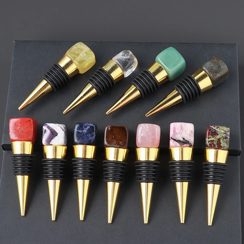  Amazon Top Seller Cube Gemstone Wine Cork Stopper Healing Crystal Quartz Stone Glass Bottle For