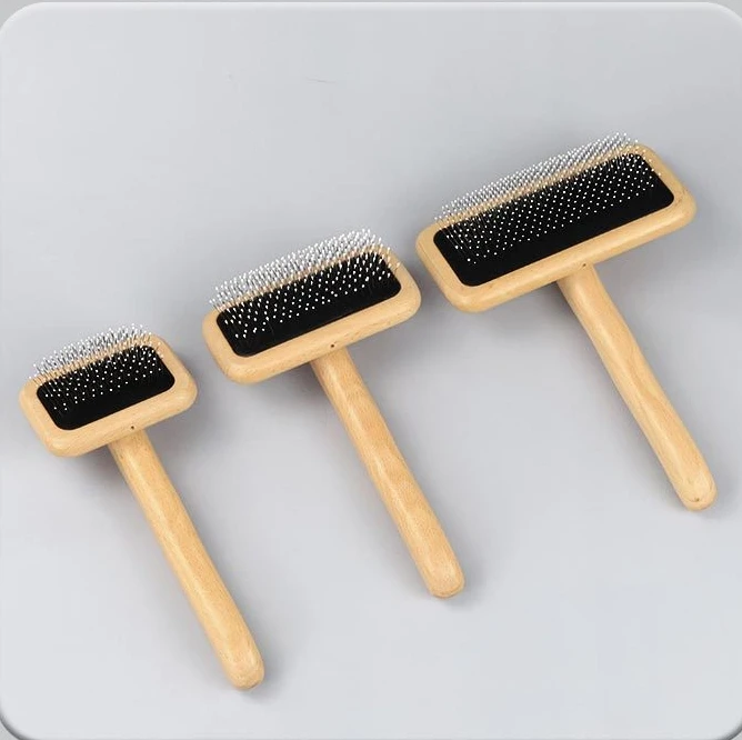 PET Slicker brosses PET Slicker Brushes with Curved Stainless-Steel Bristles to Remove Loose Fur,Tangles,Mats with wood handle