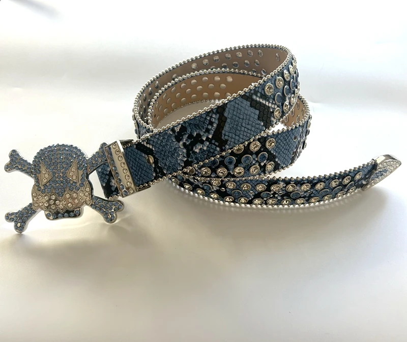2023 NEW design metal skull and rhinestone belt western cowboy fashionable belt with crystal