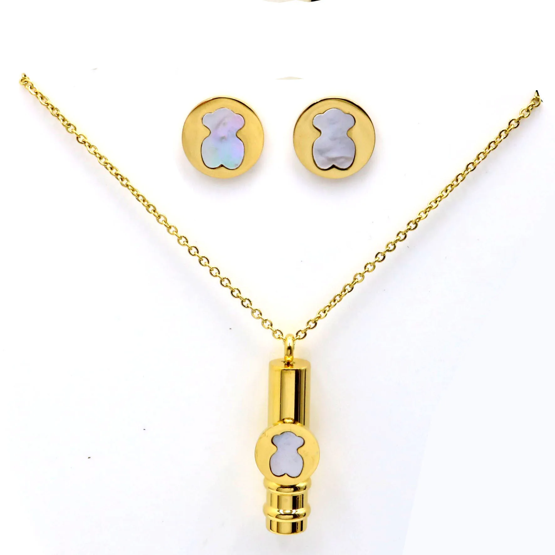 Afxsion high quality Titanium steel jewelry Bear pendant necklace and earrings set Stainless steel jewelry set women