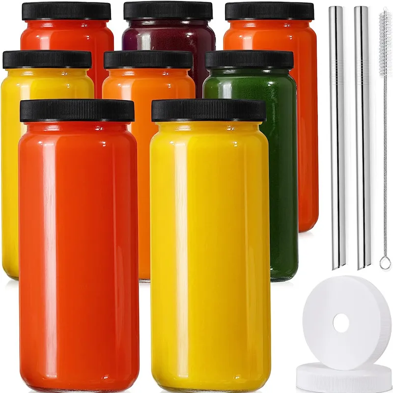 Wholesale 16oz Custom Glass Bottles with Straw and Black Lid 500ml Water Drink Juice Cup Milk Bottle