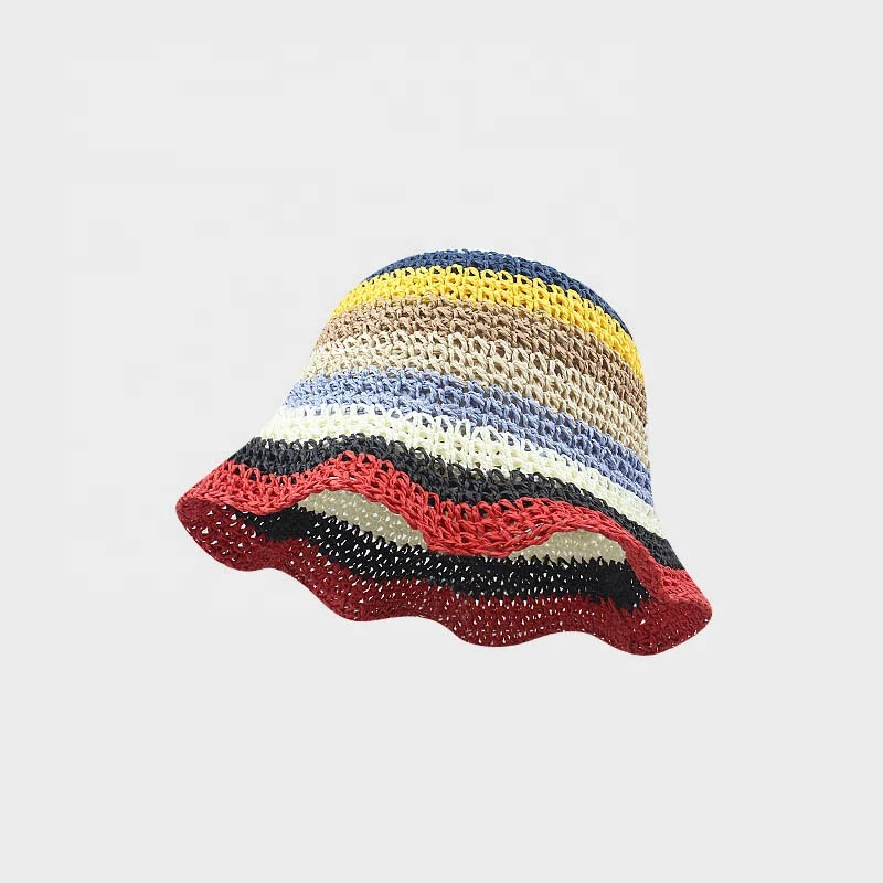 WD-A813  Colorful Handmade Crochet Raffia Bucket Visor Hat Folded Beach Sunscreen Straw Hats For Women