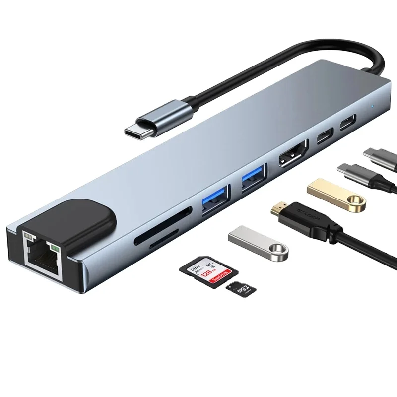 High Quality 8 In 1 Multiport Type C To Hd-mi + VGA + LAN Port + 2*USB 3.0 + SD/TF Card + Audio Port + USB-C Hub Cable Adapter