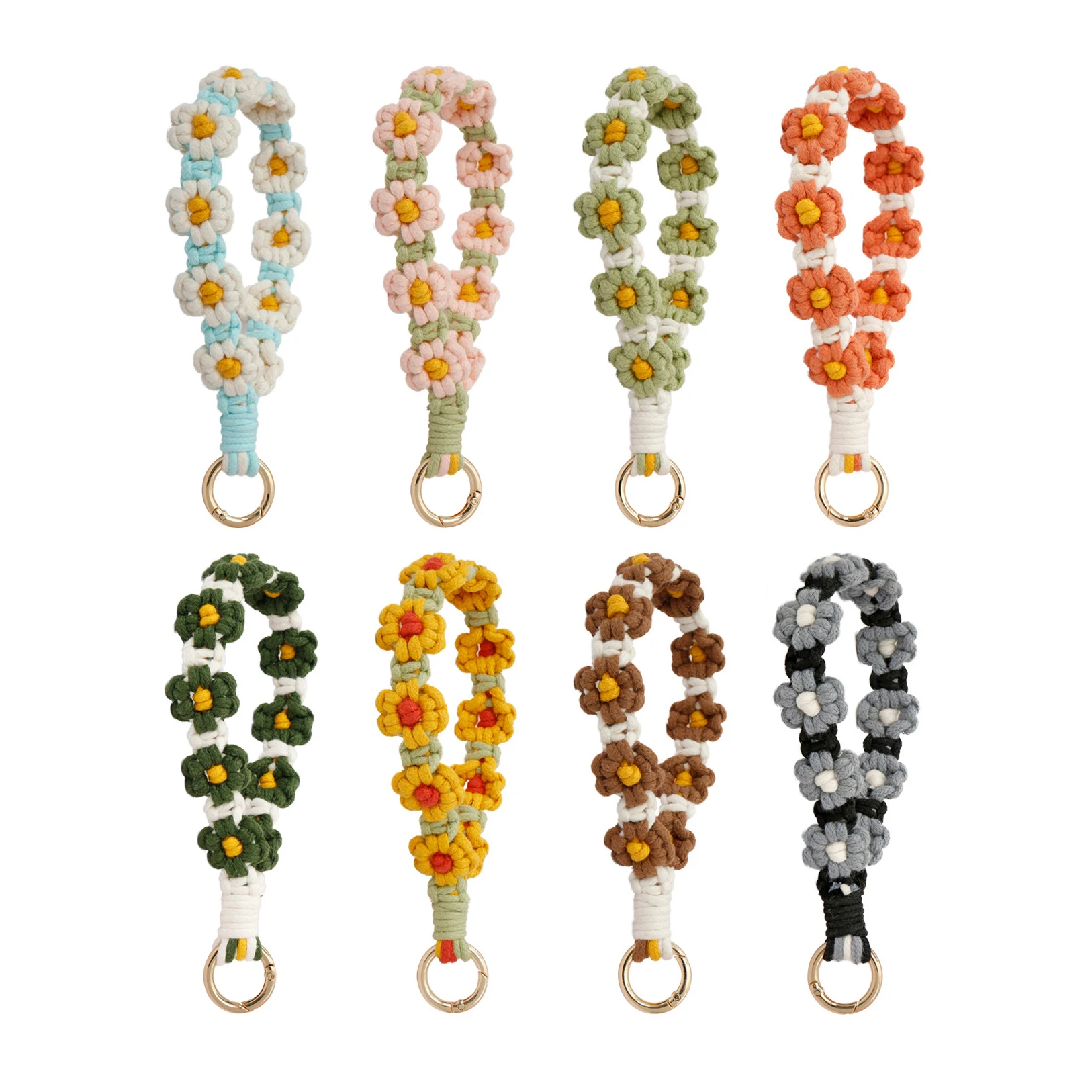 Bohemian Boho Woven Wrist Lanyard Keychain Little Daisy Chrysanthemum Flower Strap Webbing Macrame Wristlet Bracelets Keychains
