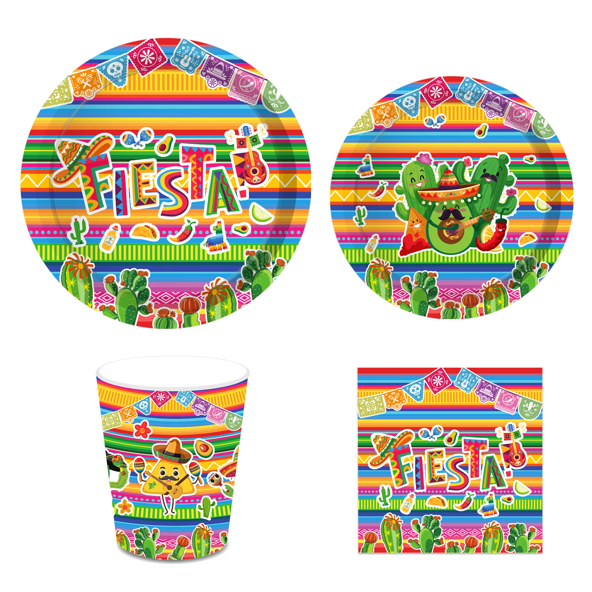 MM269 Mexican Theme Fiesta Party Supplies Tableware Set Cactus Pattern Plates Napkin Cup for Mexico Party