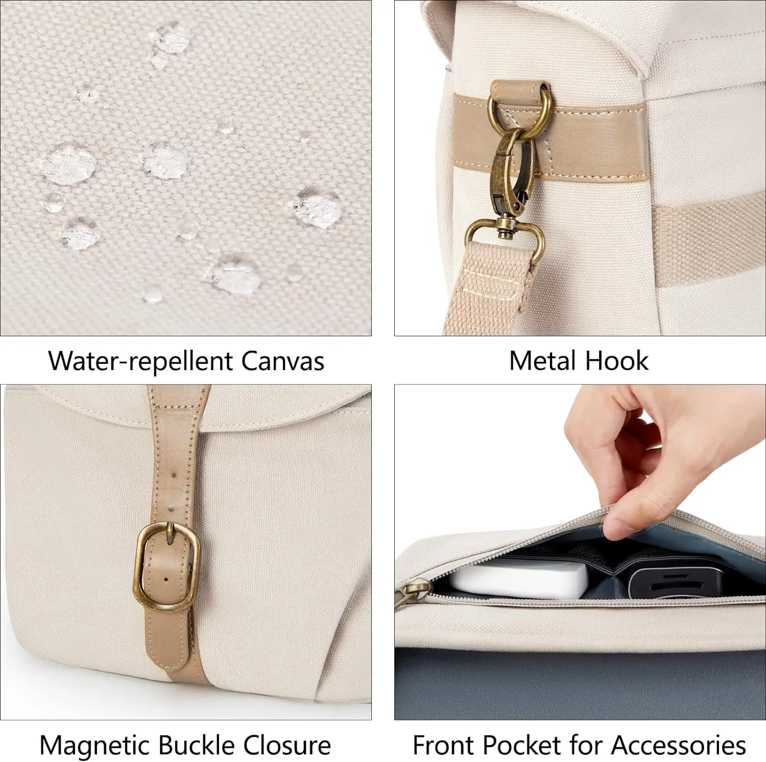 Camera Bag, SLR DSLR Canvas Camera Case, Vintage Padded Camera Shoulder Bag with Rain Cover for Women and Men, Ivory White