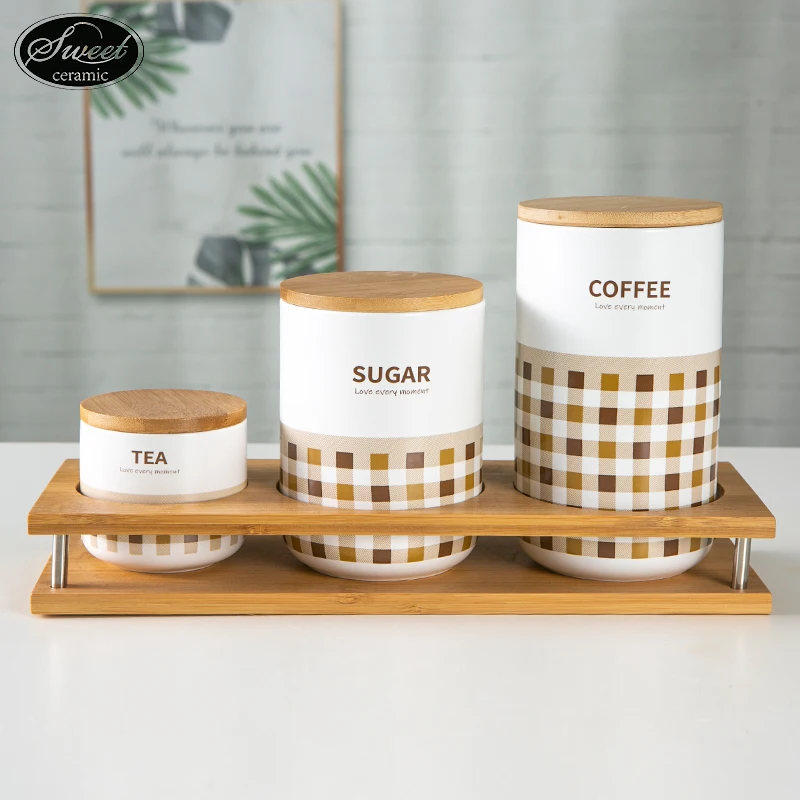 Wholesale  kitchen decorations ar 3pcs set Tea Coffee Sugar Storage Jar Ceramic Coffee Canister With Bamboo Wood Lid gift