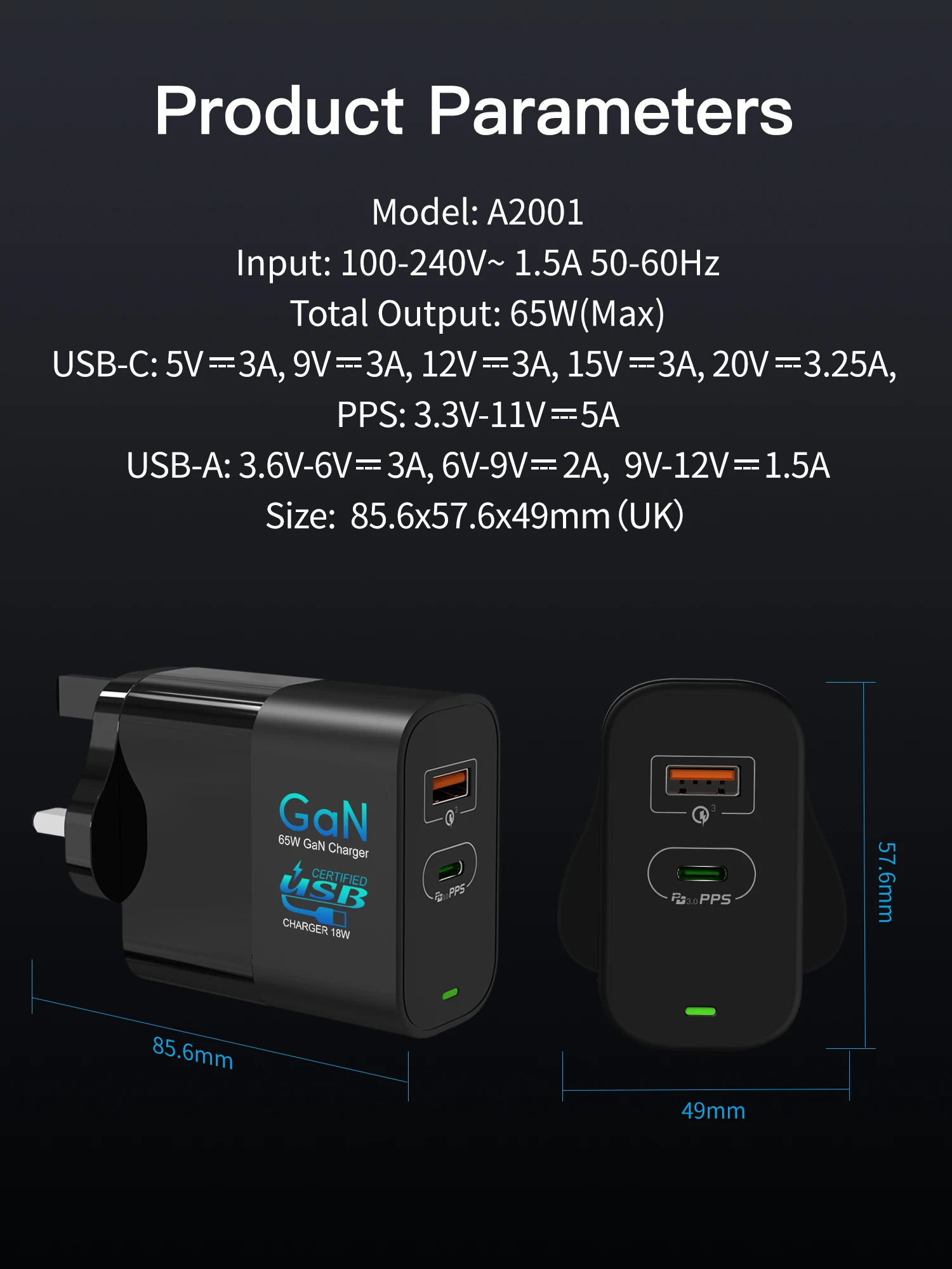 Горячая Распродажа 2020, новая технология, зарядное устройство Gan 65 Вт, 2 порта типа C PD QC3.0 QC4.0, умное зарядное устройство, настенное зарядное устройство