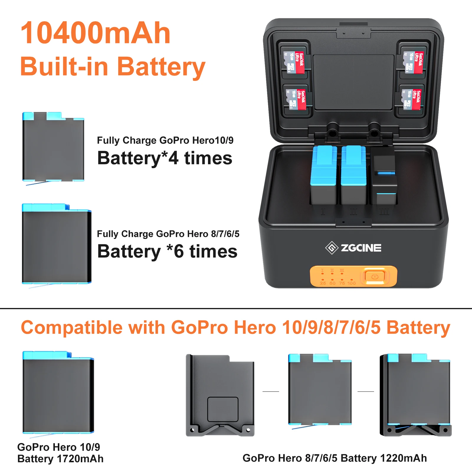 ZGCINE Portable Charging Case for GoPro Hero 10/9/8/7/6/5 Batteries  Wireless Fast Charging Box With Build-in 10400mAh Battery