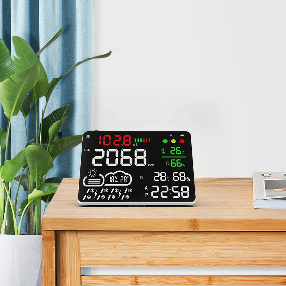 Multifunctional wall mounted carbon dioxide meter, PM2 5 monitor, gas analyzer, infrared (NDIR) sensor, large clock