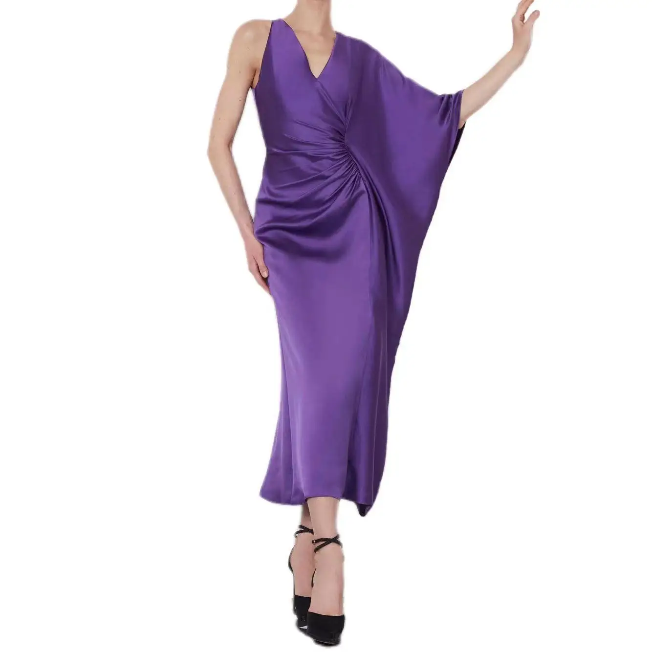 Factory Featured Design 3D Flouncing Long Sleeves V-neck Pleated Casual Long Dresses Spring Summer Party Evening Dress