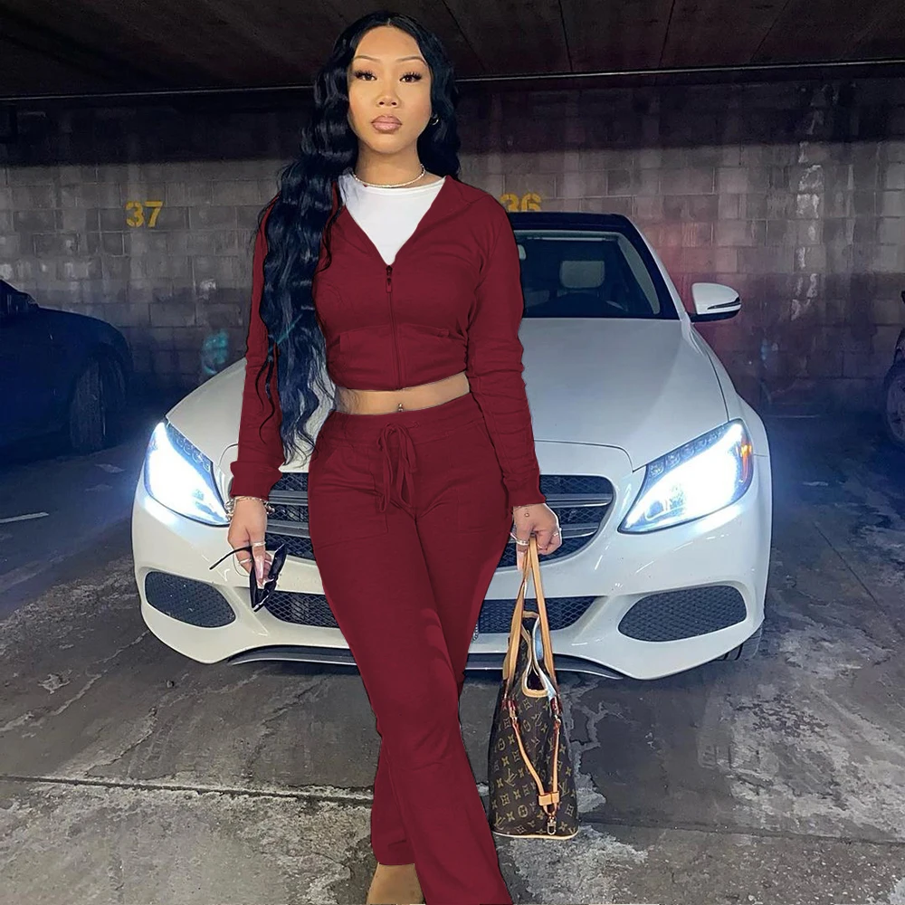 Autumn and winter new drawstring hooded multi pocket wide Wide Leg Pants German velvet women two-piece suit