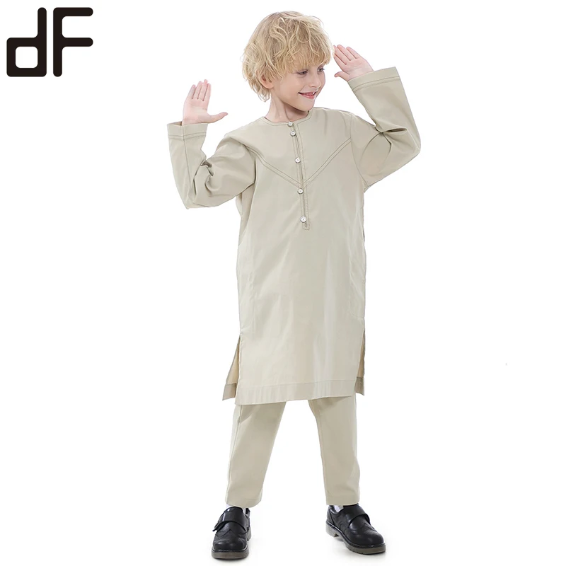 wholesale islamic children set clothing boys grey green button up kurta shirts with pants arabic tradition clothes for boy