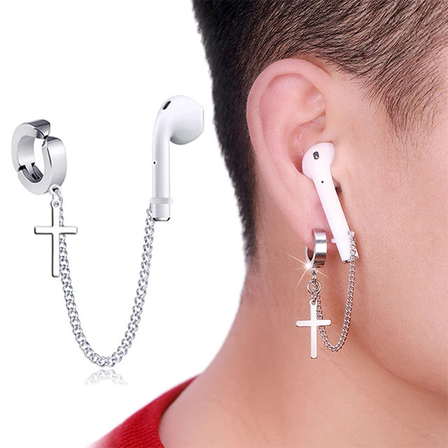 Earphone anti-lost airpods wireless link chian  headset without pierced ear clip stainless steel non-fading sports earrings