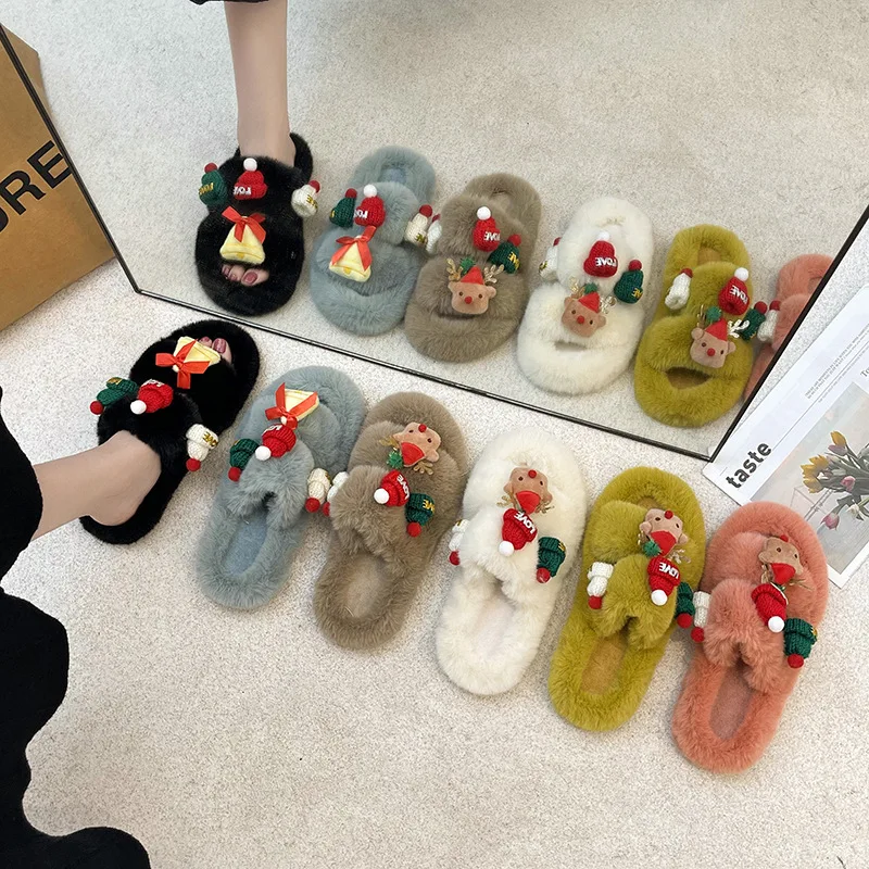 2022 new arrivals Double strap Cute reindeer bell navidad plus size fur ladies home slides Christmas slippers Women slipper