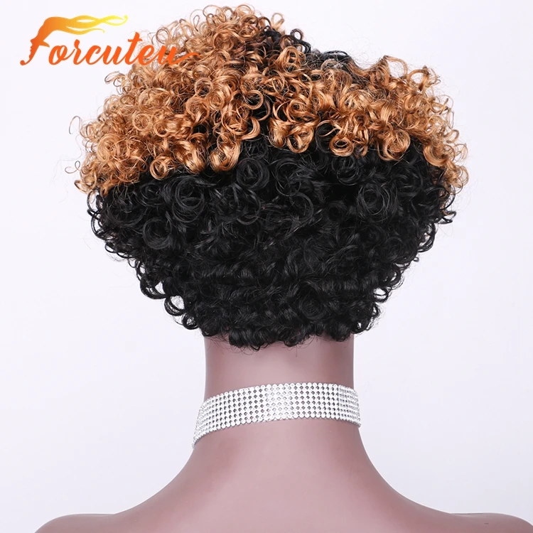 Unprocessed Brazilian 7 inch Short Kinky Curly Bangs Ombre Blonde No Lace Cuticle Aligend Virgin Human Hair Wig For Black Women