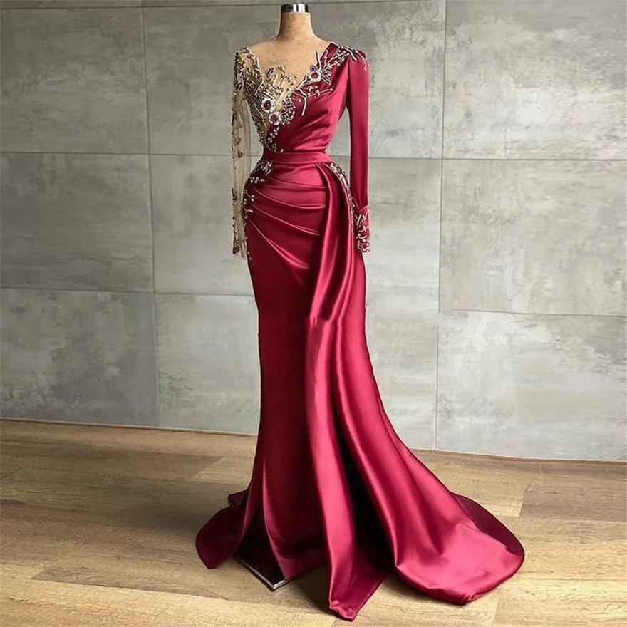 Arabic Long Sleeve Satin Evening Dresses Customize Dubai Pleated Beading Evening Gowns