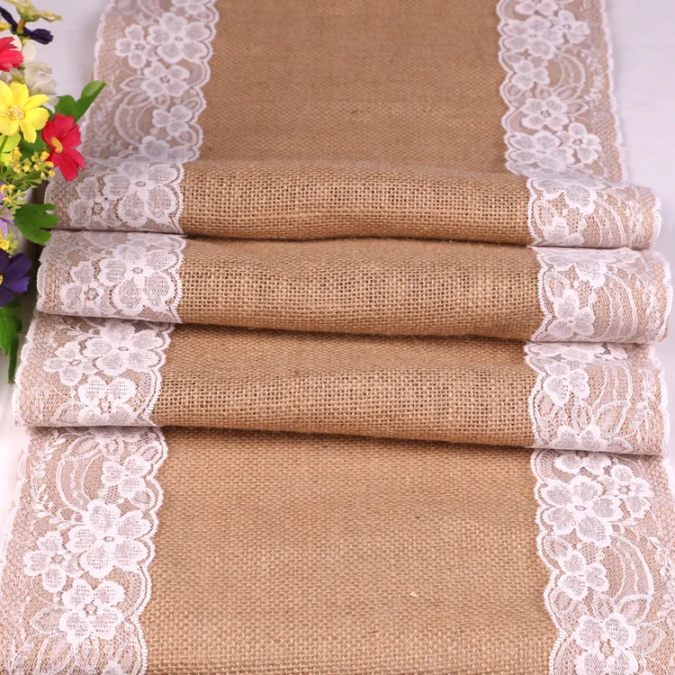 Boho style 30cm wide cheesecloth dining room burlap jute dining table runner with lace home decoration