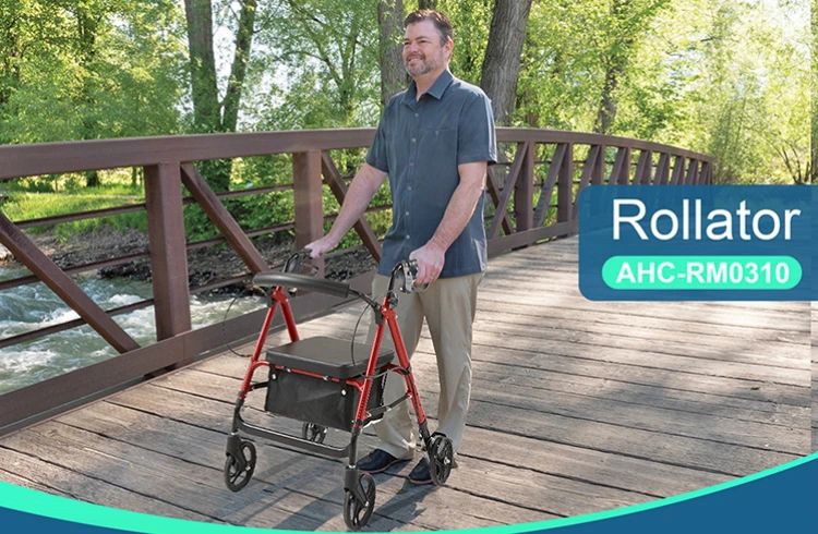 Red colour height adjustable aluminium rollator walker with handle and brakes