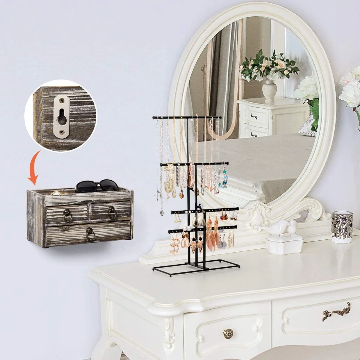 Rustic Wood Jewelry Stand Organizer 4 Tier Metal Jewelry Holder Display With Wood Basic Storage Box 3 Drawers and Adjustable