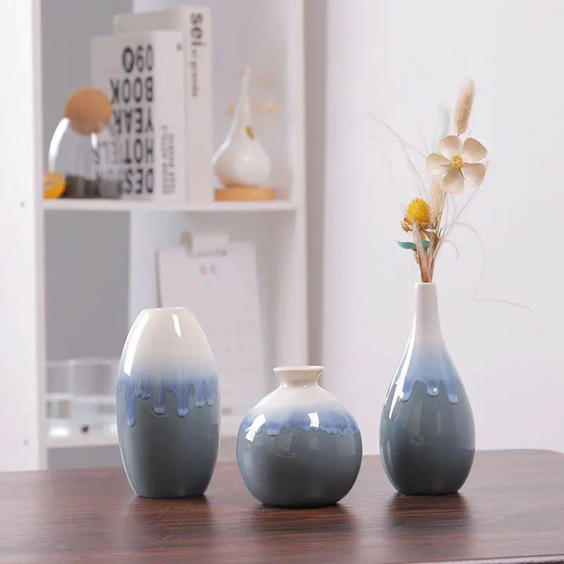 Flowing Glaze Kiln to Blue Ceramic Vase Decoration Home Decoration Plain Burnt White Vase Flower Insert Three Piece Set