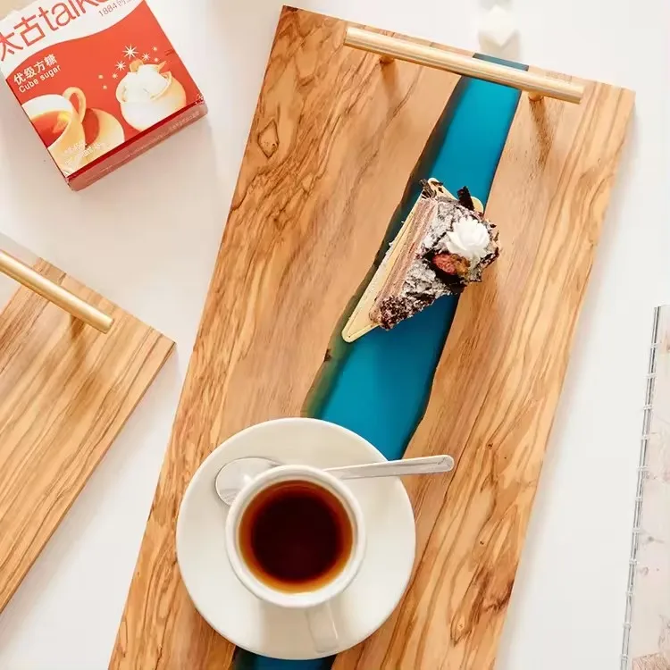 Epoxy Wood Resin Tray Home Olive Wood and Resin Serving Trays with Metal Handle Kitchen Fruit Bread Steak Board Cutting Board