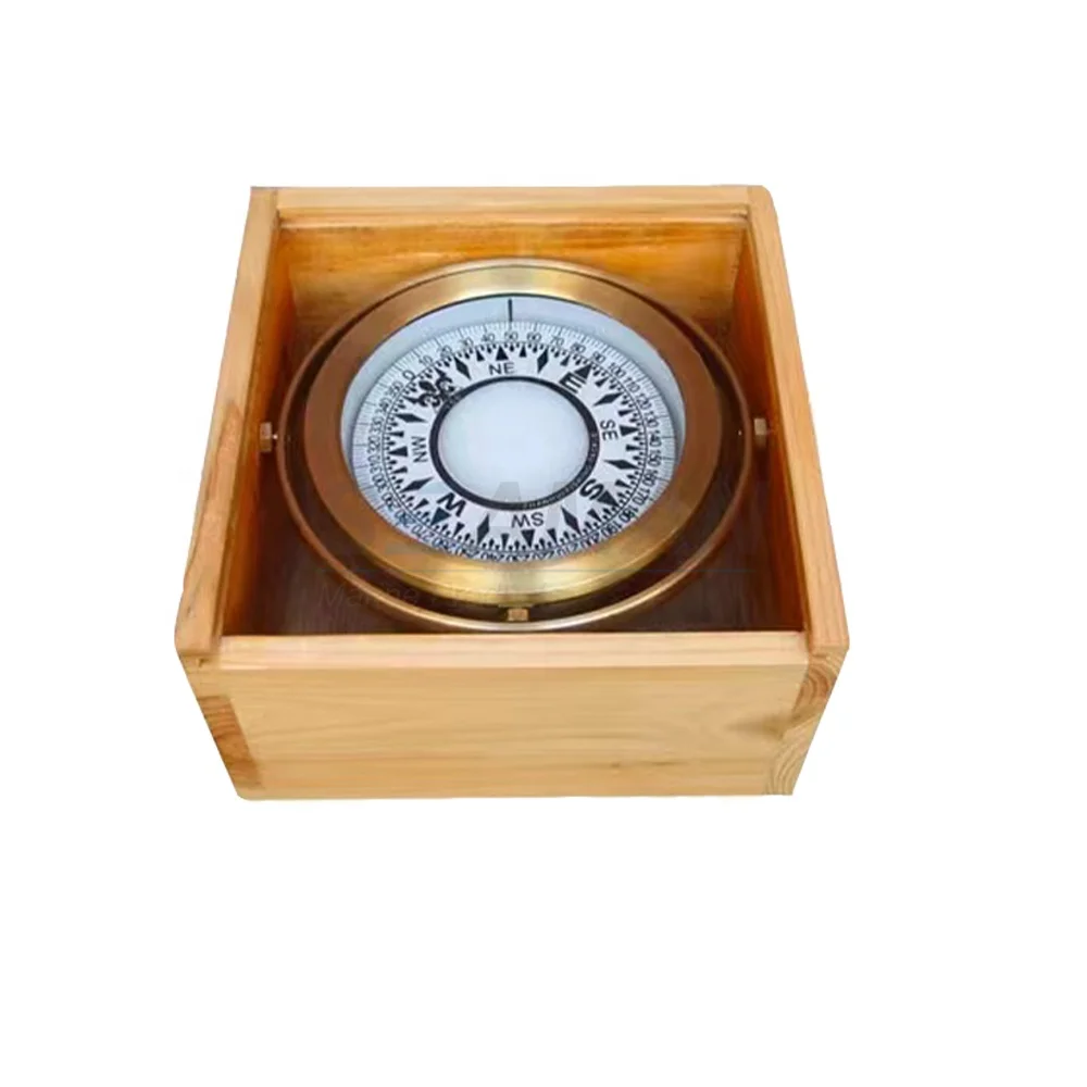 6 inch Nautical Brass Gimbal Compass with Wood Box for Boat