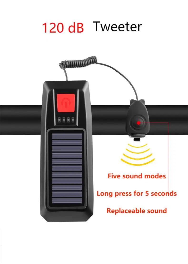 Rechargeable Solar 2 in 1 Bike Front Lamp with Horn Waterproof Shakeproof 4 Work Modes
