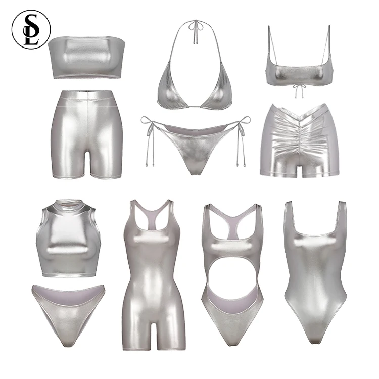 2023 Custom Metallic Swimsuits Bathing Suits for Women Shiny Glitter Active Two-pieces Beachwear Set Gold Silver Metallic Bikini
