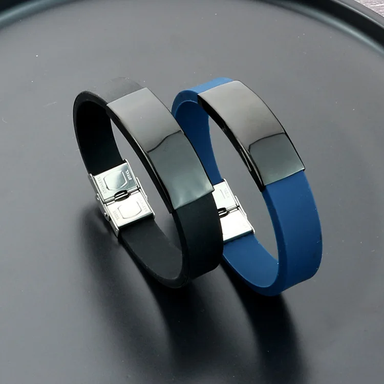 Custom Logo Blank Wristband Adjustable Belted Bangles Soft Rubber Silicone and Black Stainless Steel Letter Charm Bracelet Men
