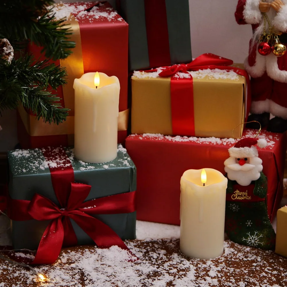 Set 2 Christmas 3D Patterned Pillar LED Candles Remote Control Battery Powered Flameless Flickering Wax Wedding Home Decoration