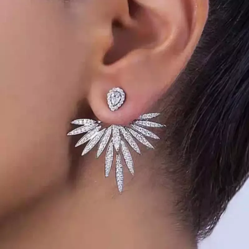 S925 sterling silver needle European and American fashion micro-inlaid zircon earrings angel wings wild two wear earrings
