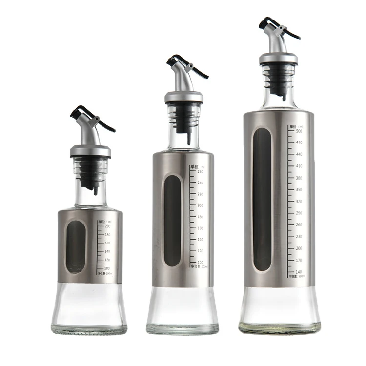 Glass Olive Oil Vinegar Dispenser Stainless Steel Manual Glass Cooking Oil Dispenser Seasoning Condiment Bottle  with Scale