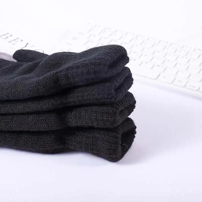 Winter Black Double Layer Plush Thickened Elastic Warm Knitted Gloves