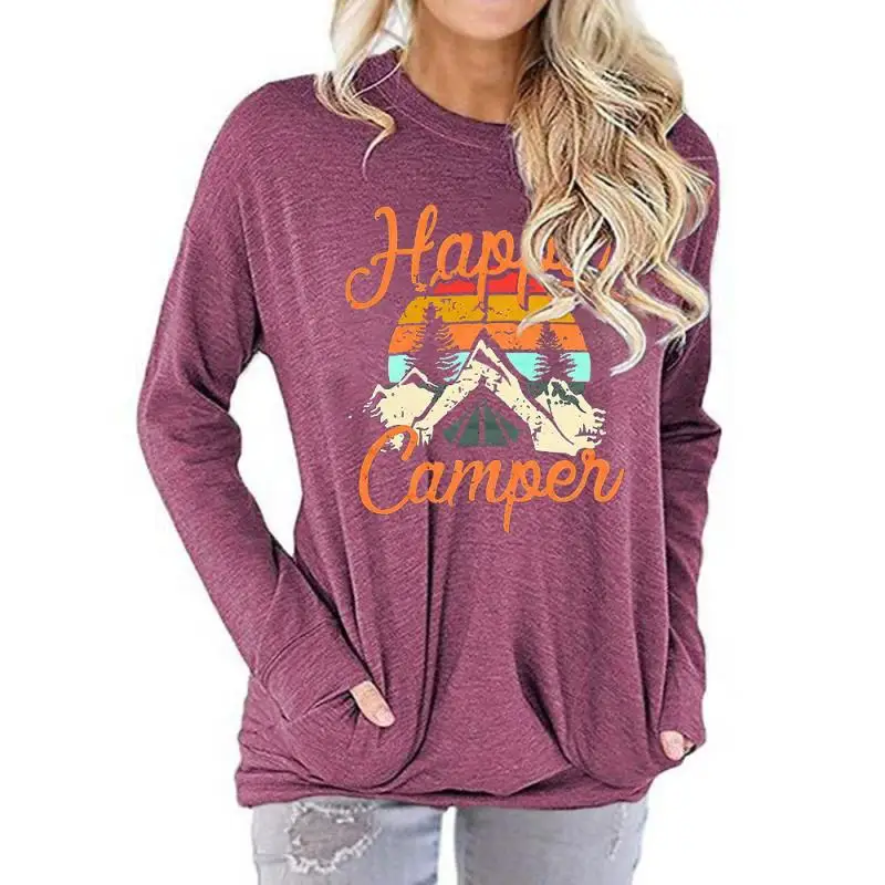 
Wholesale Women Loose Happy Comper Crew Neck Sweatshirt with Pockets female t-shirt 