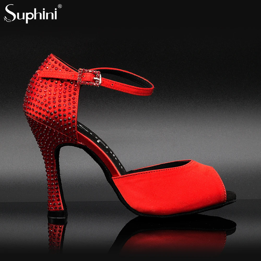 Suphini Свадебные Роскошные танцевальные туфли на каблуках для вечеринки, женские красные кристаллы/атласные туфли для сальсы
