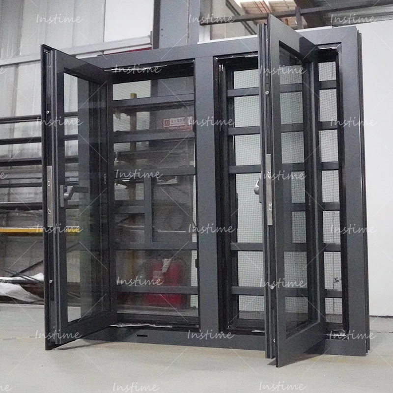 Instime Promotional OEM Golden Supplier Factory Custom Grill Design Tempered Glass Aluminum Vertical Window For Home
