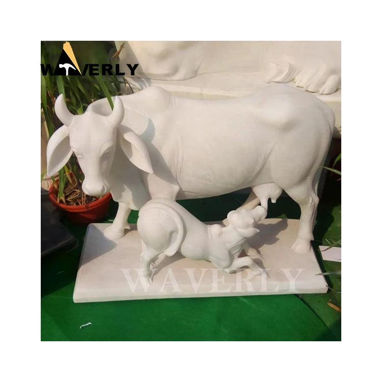 Home Decor Large Giant Realistic Stone Carved Animal Sculpture Life Size White Marble Cow And Her Baby Statue Prices