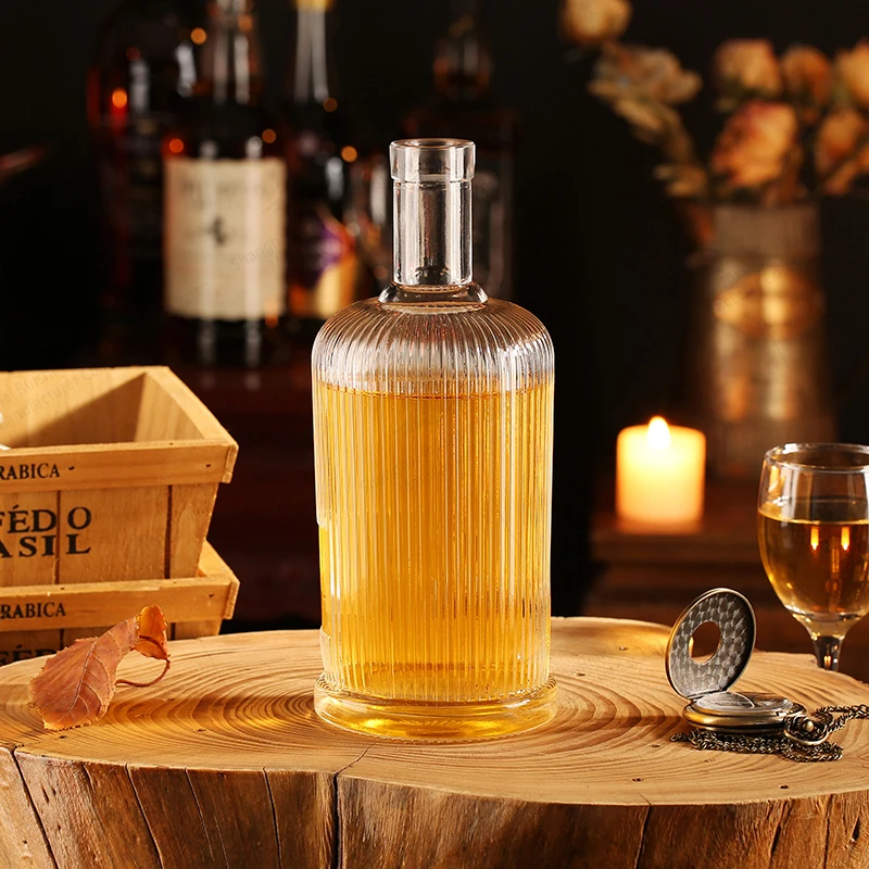 Customized 500ml 750ml Clear Round Stripe Flint Wine Whisky Vodka Tequila Rum Gin Brandy Liquor Spirits Glass Bottles
