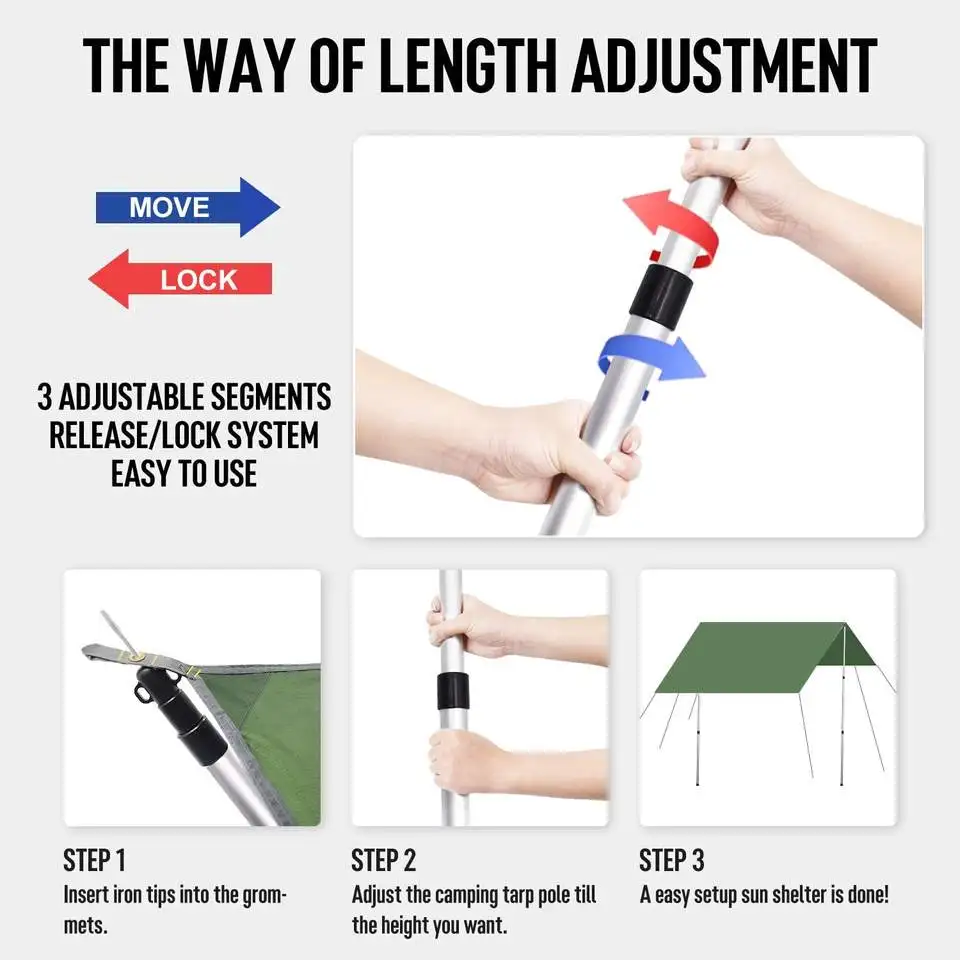 Thicken Aluminum Alloy Tarp Pole Adjustable Tent Support Rods Beach Shelter Tarp Awning Pole Poles for Camping Hiking Tent