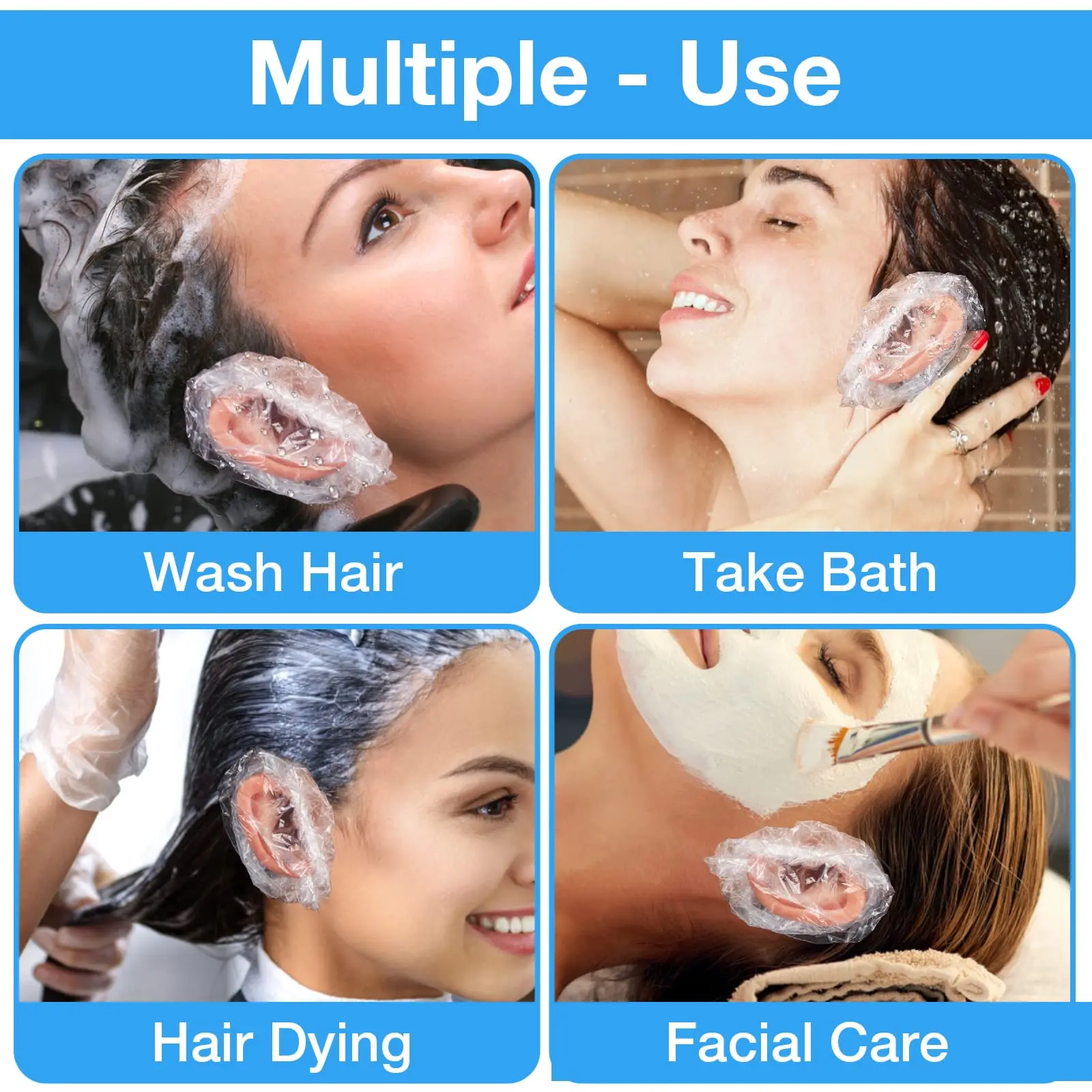 100 Disposable Ear Covers for Shower Waterproof Ear Shower Caps Plastic Hair Dye Protectors Elastic Hair Cut Ear Protectors