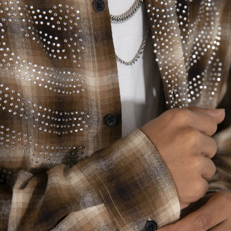 Mens Plaid Shirt Workwear OEM Service Oversized Winter Long Sleeve Pocket Rhinestones Streetwear Shirt Wholesale