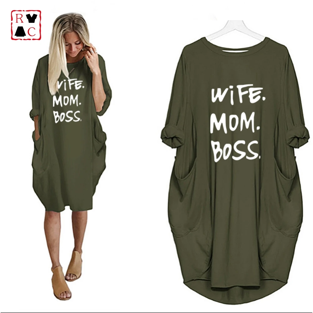 
Letter Wife Mom Boss Printing Loose Vintage Fall Maxi Clothes for Fat Women Party Casual Women Plus Size Dress with Pocket 