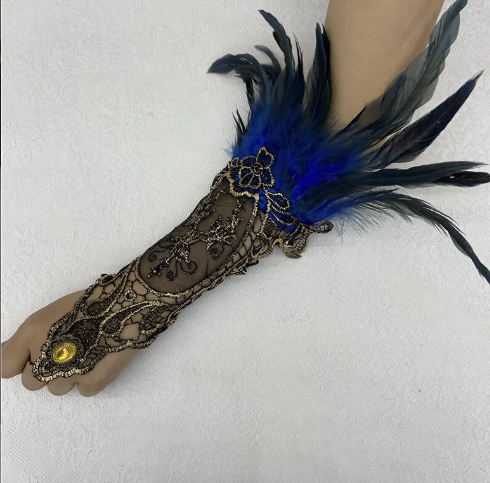 ZSY Halloween feather bracelet Gothic style feather gloves hollowed out gold lace gloves Clothing and Accessories