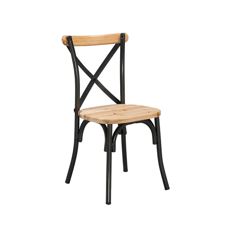 Antique X-back design kitchen restaurant dining cube chair with wooden seat metal cafe chair