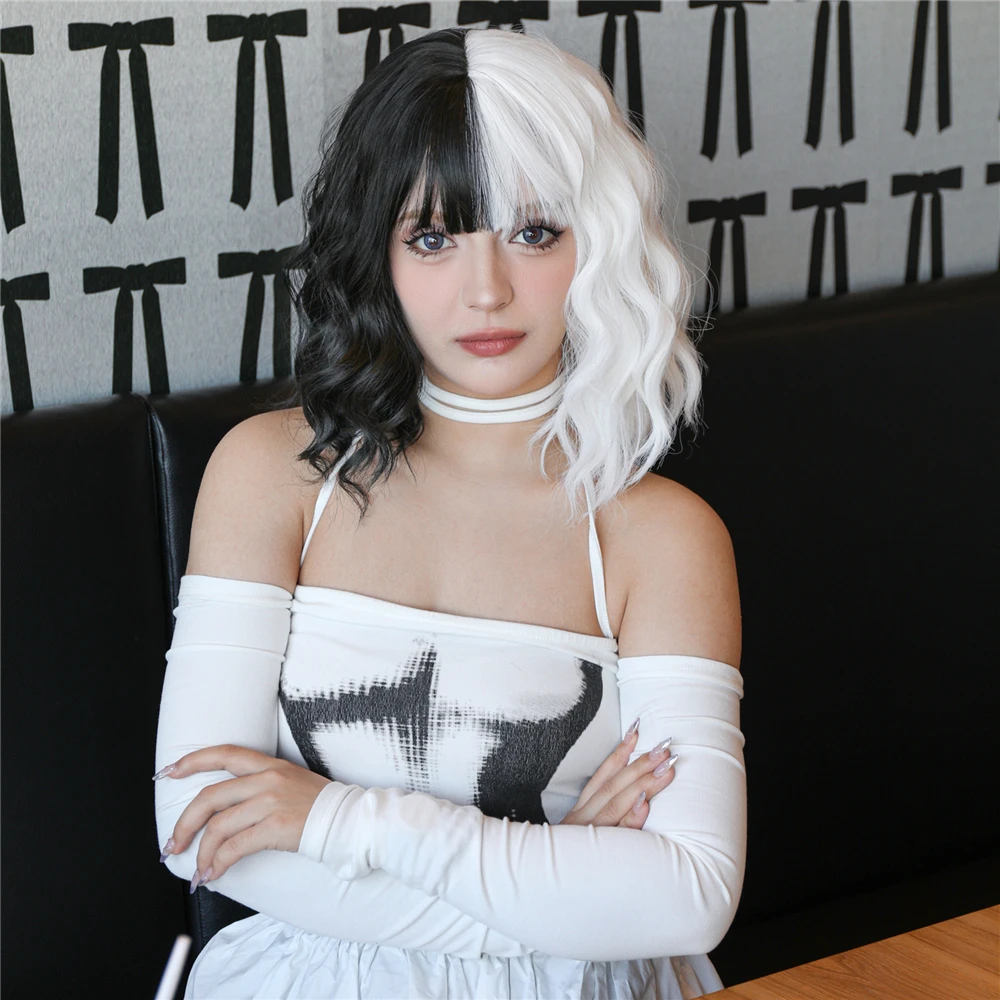 Ainizi 14 inches short curly with fringes half black and half white Cruella de Vil cosplay wigs for women