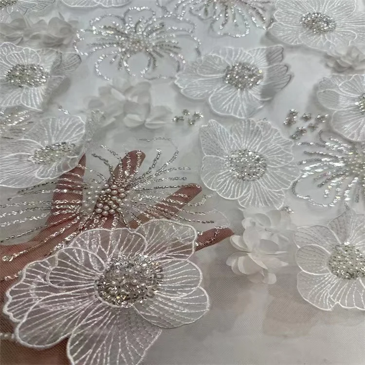 New fancy 3d flower wedding tulle high quality net beaded sequin lace fabric for women