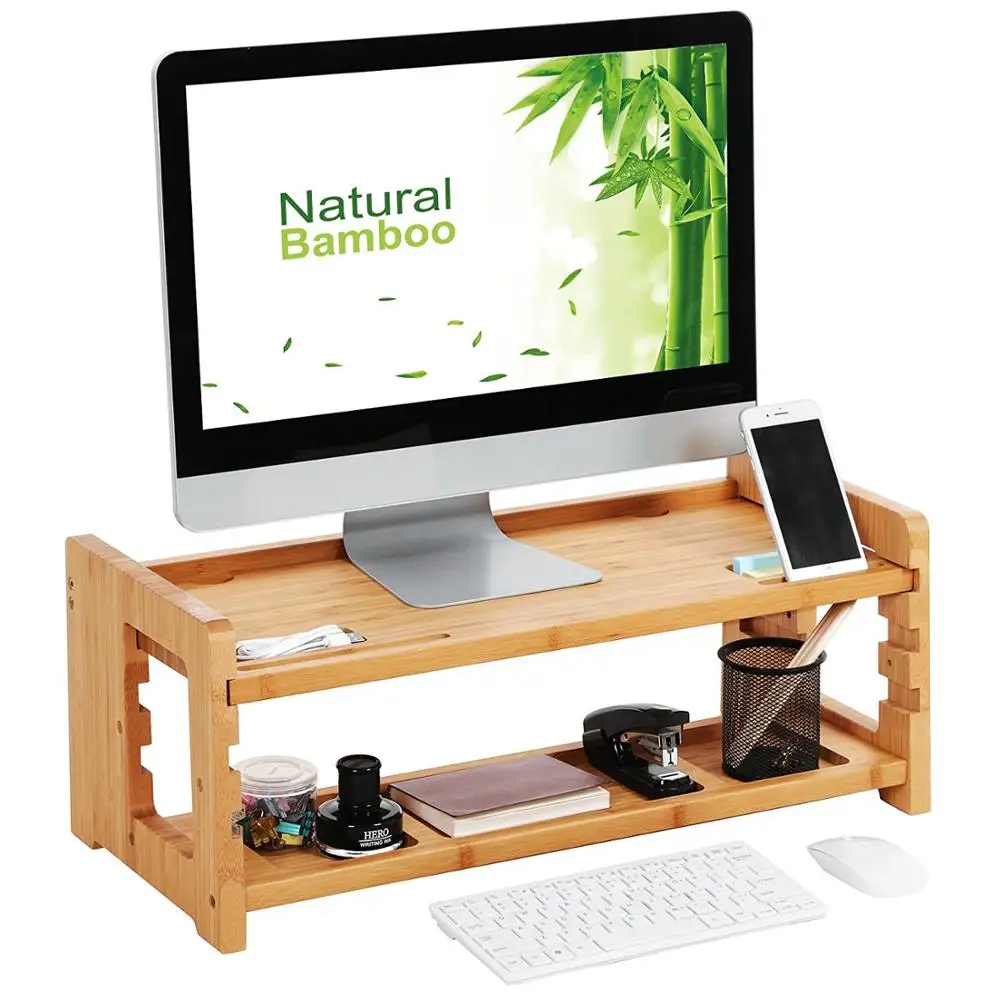 
Bamboo 2-Tier Monitor Stand Riser with Adjustable Storage Organize, Laptop Cellphone TV Printer Stand 